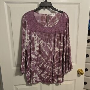 Women's Purple Tie-Dye Lace Yoke Blouse